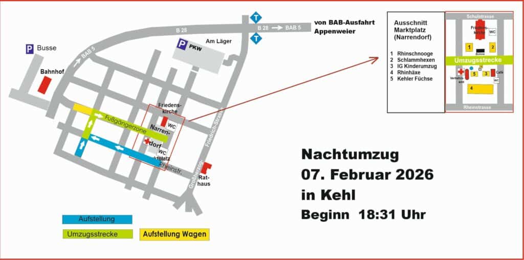 Le parcours de la parade nocturne du carnaval de Kehl